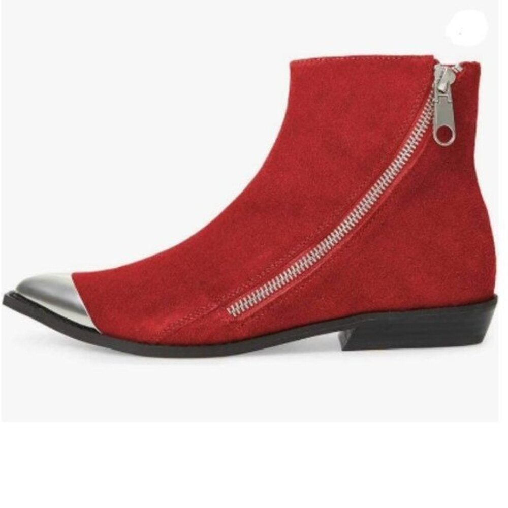 FSJ Red Flat Ankle Boots Low Heel Pointed Toe Side Zipper Booties Shoes